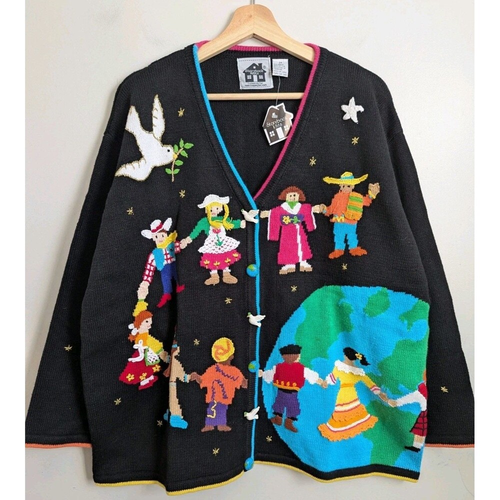 Storybook Knits 2X Cotton Teacher Cardigan Sweater Hands For World Peace NEW - Picture 1 of 11